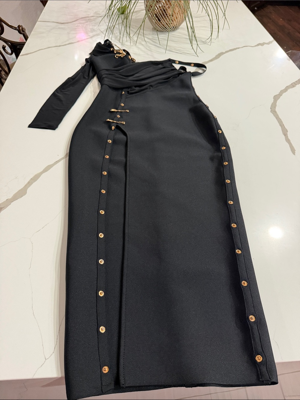 Bella Barnett Black One-Shoulder Midi Dress with Gold Stud Accent